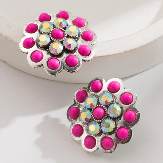 Western style turquosie inlaid flower shape round studs earrings