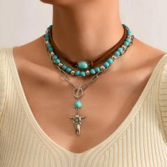 Retro Imitation Turquoise Clavicle Chain Ethnic Style Leaf Heart Cow Head Inlaid Turquoise Multi-Layer Necklace