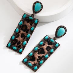 Exaggerated Earrings Women's Retro Oval Turquoise Hollow Geometric Leopard Leather Earrings