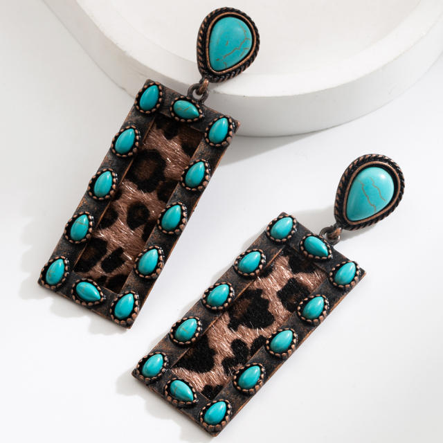 Exaggerated Earrings Women's Retro Oval Turquoise Hollow Geometric Leopard Leather Earrings