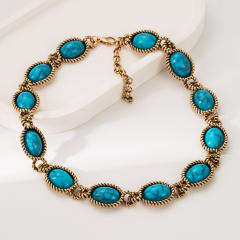 Bohemian Style Turquoise Necklace Silver Needle Earrings set