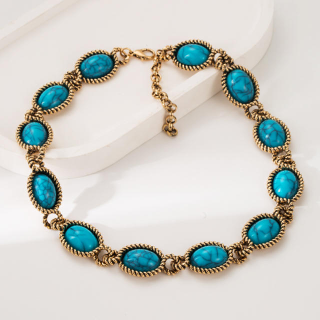 Bohemian Style Turquoise Necklace Silver Needle Earrings set