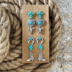Personality Cool Style Bull Head Boots Earrings Imitation Turquoise ear studs set