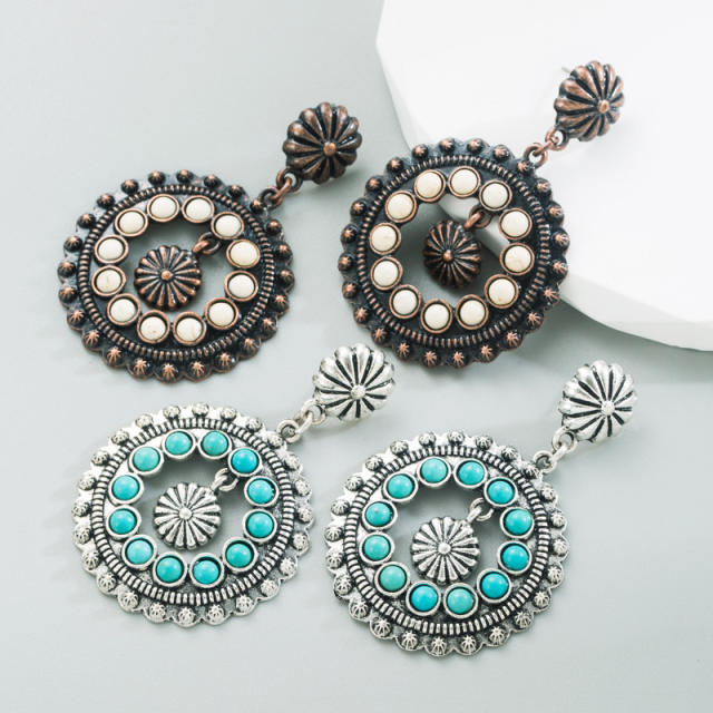 Ethnic style white turquoise earrings hollow round pendant exaggerated party earrings