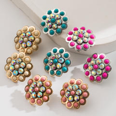Western style turquosie inlaid flower shape round studs earrings