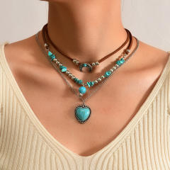 Retro Imitation Turquoise Clavicle Chain Ethnic Style Leaf Heart Cow Head Inlaid Turquoise Multi-Layer Necklace