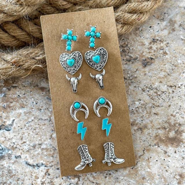 Personality Cool Style Bull Head Boots Earrings Imitation Turquoise ear studs set