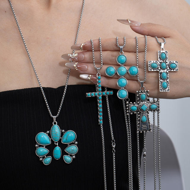 Natural Turquoise Necklace for Women vintage alloy pendant necklace