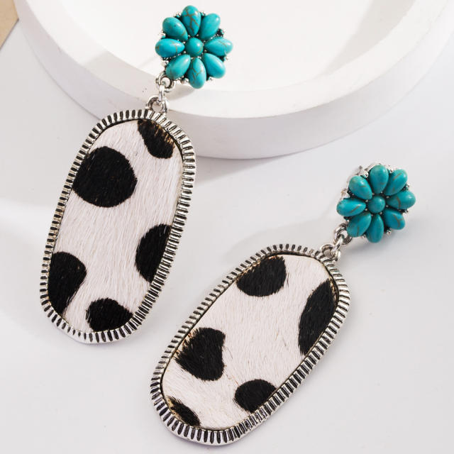 Bohemian Ethnic Style Earrings Turquoise Milk Pattern Leather Diamond Hollow Earrings