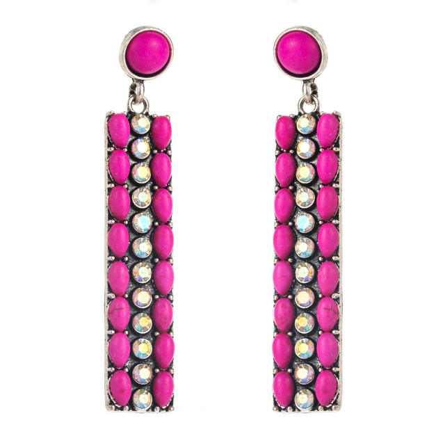Long Alloy Diamond-encrusted Turquoise Earrings