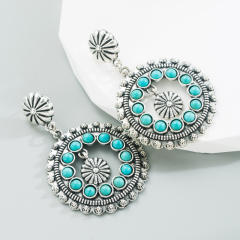 Ethnic style white turquoise earrings hollow round pendant exaggerated party earrings