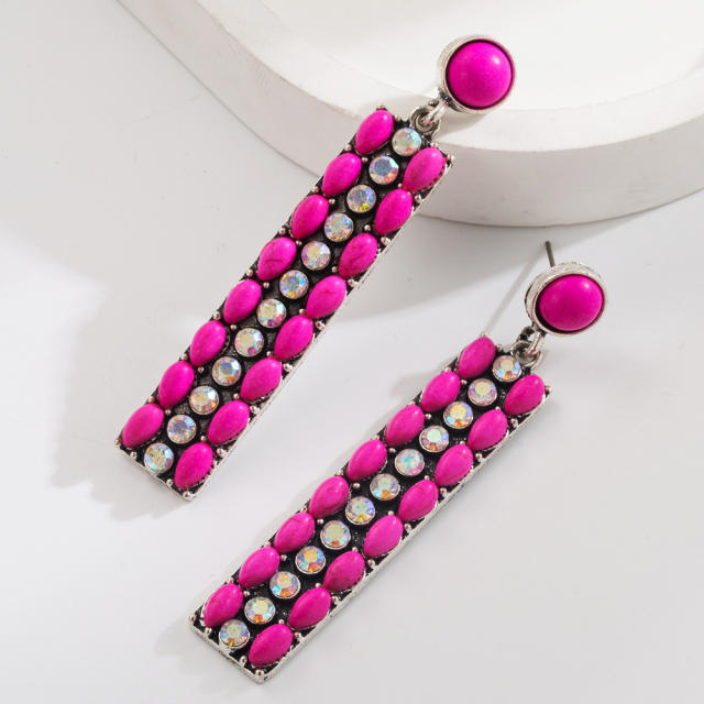 Long Alloy Diamond-encrusted Turquoise Earrings
