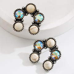 Ethnic Style Earrings Vintage Alloy Plated Ancient Silver Diamond Turquoise Earrings for Women