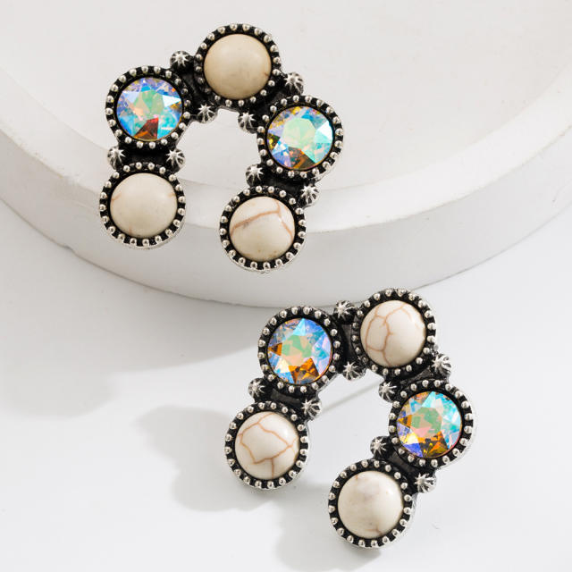 Ethnic Style Earrings Vintage Alloy Plated Ancient Silver Diamond Turquoise Earrings for Women