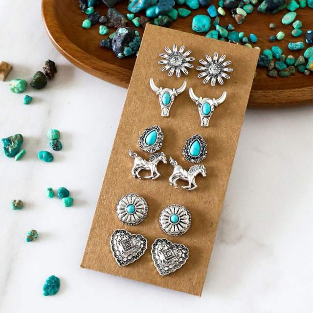 Personality Cool Style Bull Head Boots Earrings Imitation Turquoise ear studs set