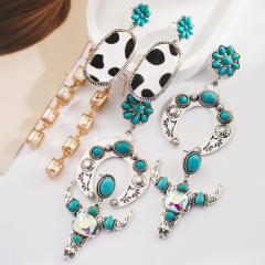 Bohemian Ethnic Style Earrings Turquoise Milk Pattern Leather Diamond Hollow Earrings