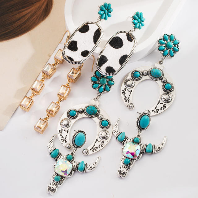 Bohemian Ethnic Style Earrings Turquoise Milk Pattern Leather Diamond Hollow Earrings