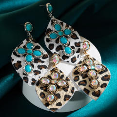 Western leopard print leather earrings alloy set turquoise exaggerated earrings