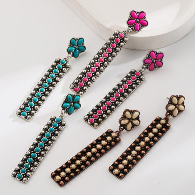 Inlaid Turquoise Long Pendant Earrings Retro Western Ethnic Style Earrings
