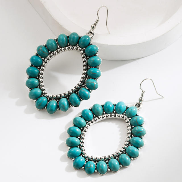 Exaggerated Earrings Women's Retro Oval Turquoise Hollow Geometric Leopard Leather Earrings