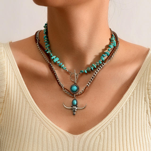 Retro Imitation Turquoise Clavicle Chain Ethnic Style Leaf Heart Cow Head Inlaid Turquoise Multi-Layer Necklace