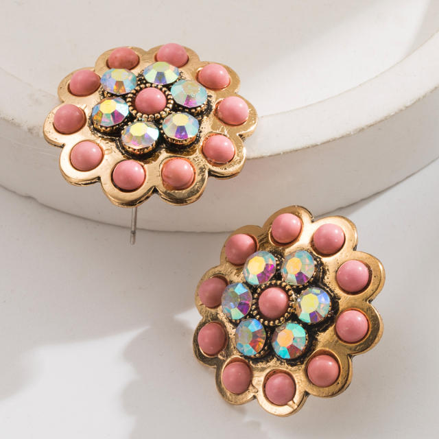 Western style turquosie inlaid flower shape round studs earrings