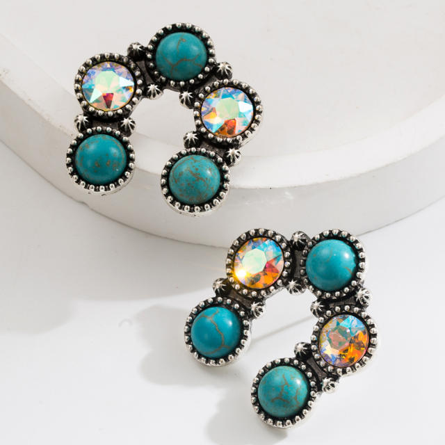 Ethnic Style Earrings Vintage Alloy Plated Ancient Silver Diamond Turquoise Earrings for Women