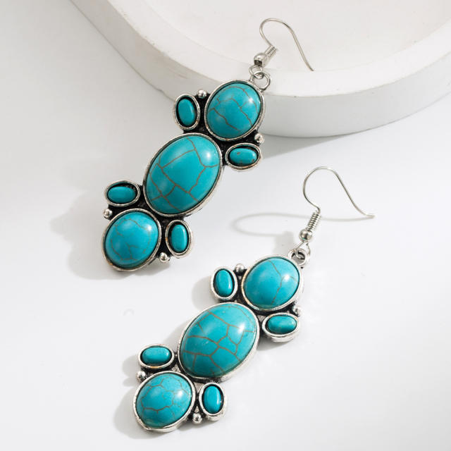 Ethnic Style Earrings Vintage Alloy Plated Ancient Silver Diamond Turquoise Earrings for Women