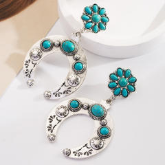 Bohemian Ethnic Style Earrings Turquoise Milk Pattern Leather Diamond Hollow Earrings
