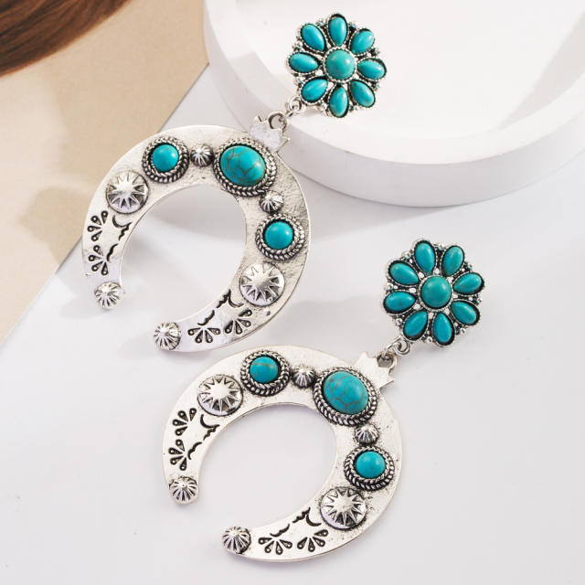 Bohemian Ethnic Style Earrings Turquoise Milk Pattern Leather Diamond Hollow Earrings