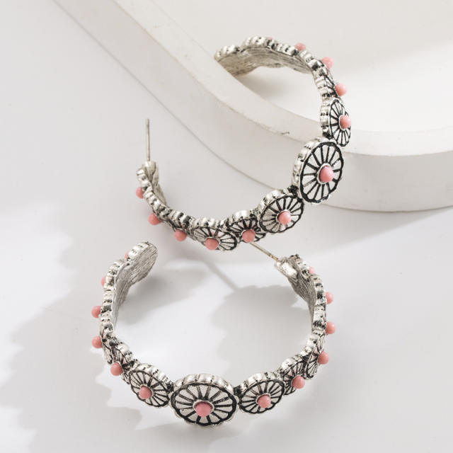 New Western Ethnic Style Large C-Shaped Exaggerated Earrings Alloy Inlaid with White Turquoise Earrings