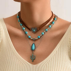 Retro Imitation Turquoise Clavicle Chain Ethnic Style Leaf Heart Cow Head Inlaid Turquoise Multi-Layer Necklace