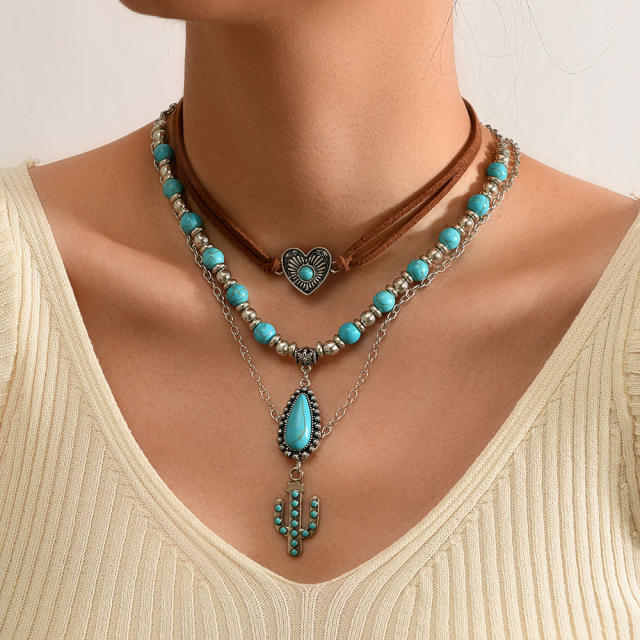 Retro Imitation Turquoise Clavicle Chain Ethnic Style Leaf Heart Cow Head Inlaid Turquoise Multi-Layer Necklace
