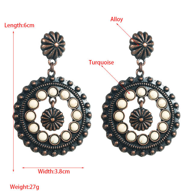Ethnic style white turquoise earrings hollow round pendant exaggerated party earrings
