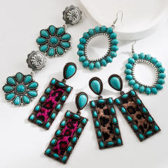 Exaggerated Earrings Women's Retro Oval Turquoise Hollow Geometric Leopard Leather Earrings