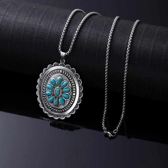 Natural Turquoise Necklace for Women vintage alloy pendant necklace