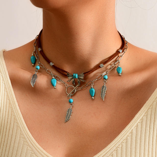 Retro Imitation Turquoise Clavicle Chain Ethnic Style Leaf Heart Cow Head Inlaid Turquoise Multi-Layer Necklace