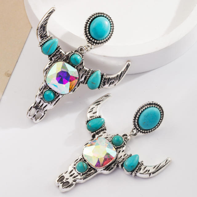 Bohemian Ethnic Style Earrings Turquoise Milk Pattern Leather Diamond Hollow Earrings