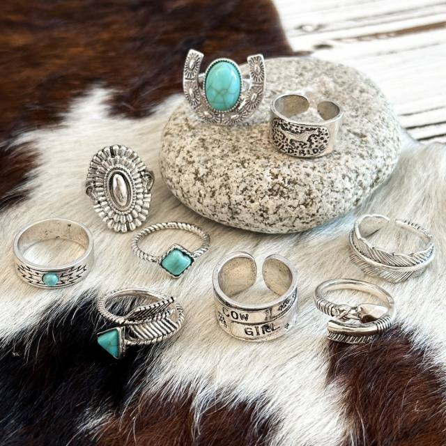 Western cowboy retro style turquoise antique silver arrow feather horse multi-element ring