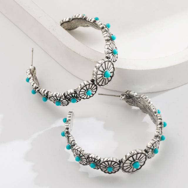 New Western Ethnic Style Large C-Shaped Exaggerated Earrings Alloy Inlaid with White Turquoise Earrings