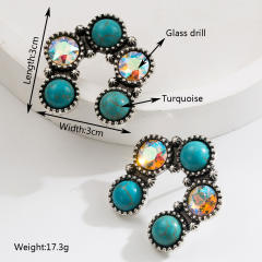 Ethnic Style Earrings Vintage Alloy Plated Ancient Silver Diamond Turquoise Earrings for Women
