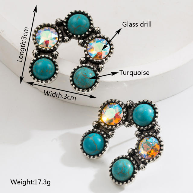Ethnic Style Earrings Vintage Alloy Plated Ancient Silver Diamond Turquoise Earrings for Women