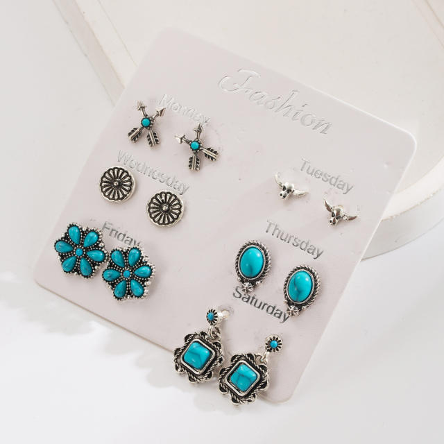 Exaggerated Western Ethnic Style Turquoise Earrings Flower Bull Head Pony Geometric Set Earrings Earrings for Women