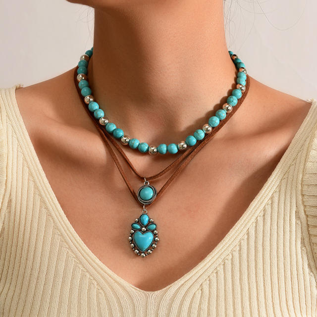 Retro Imitation Turquoise Clavicle Chain Ethnic Style Leaf Heart Cow Head Inlaid Turquoise Multi-Layer Necklace