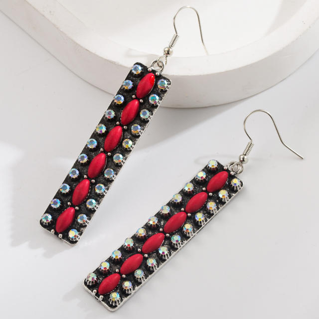 Long Alloy Diamond-encrusted Turquoise Earrings