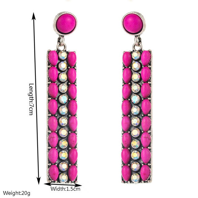 Long Alloy Diamond-encrusted Turquoise Earrings