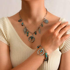 Retro Imitation Turquoise Clavicle Chain Ethnic Style Leaf Heart Cow Head Inlaid Turquoise Multi-Layer Necklace
