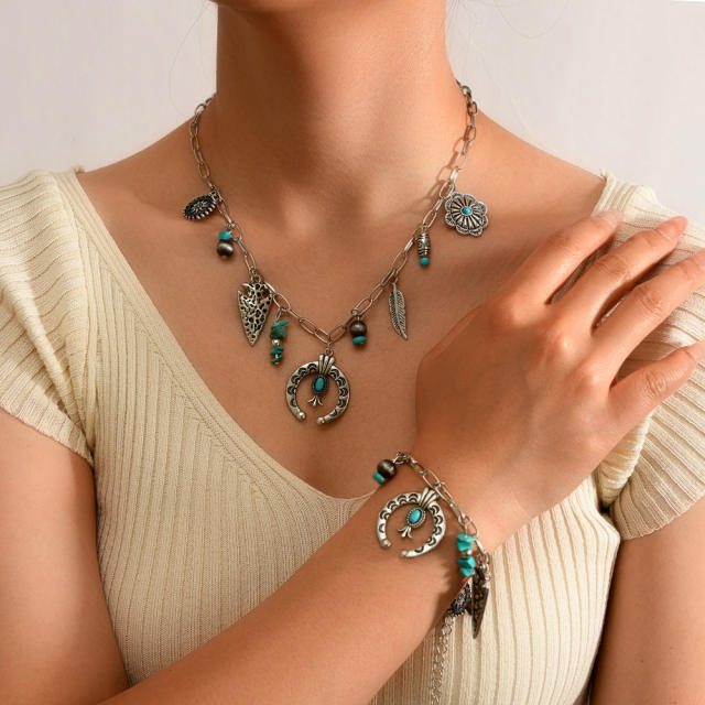 Retro Imitation Turquoise Clavicle Chain Ethnic Style Leaf Heart Cow Head Inlaid Turquoise Multi-Layer Necklace