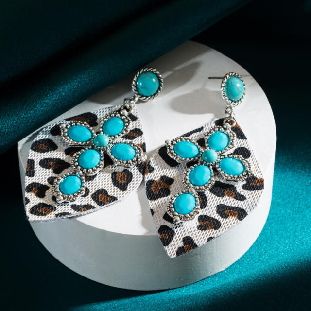 Western leopard print leather earrings alloy set turquoise exaggerated earrings
