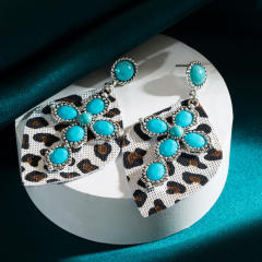 Western leopard print leather earrings alloy set turquoise exaggerated earrings